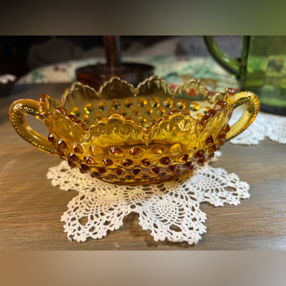 Vintage Fenton Amber Double Handle Candy Bowl